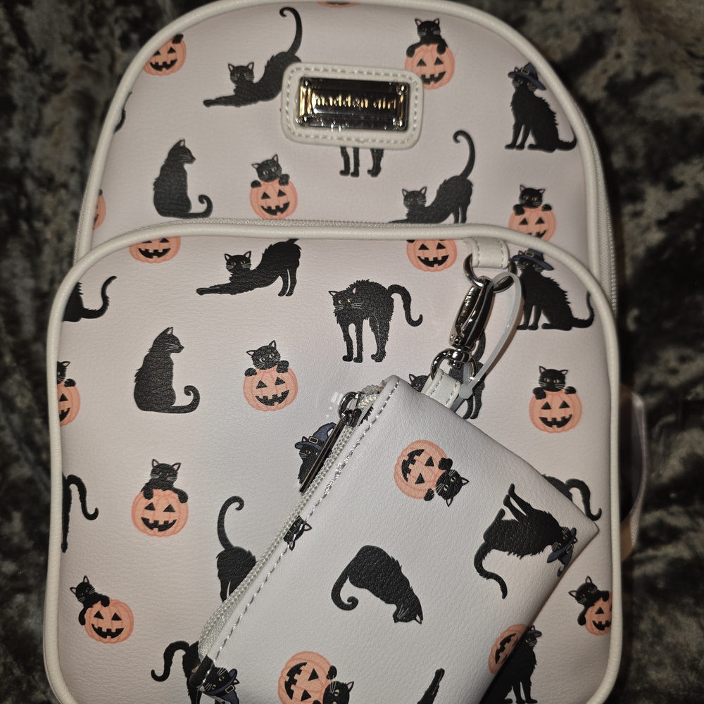 Madden Girl Cream Backpack with Black Cats and Pumpkins